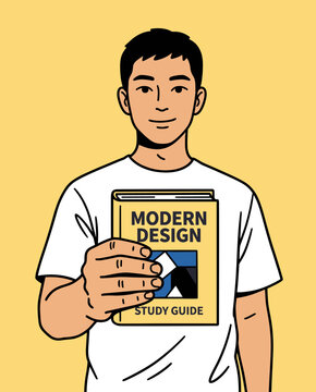 Confident Asian male student standing and holding a textbook titled Modern Design while ready for his creative arts class in college