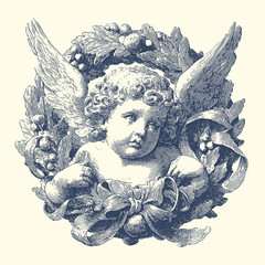Obraz premium Vintage cherub with wings and wreath decorative illustration engraving heraldic mythology spiritual religious innocent cherubic ornament detailed ornamental