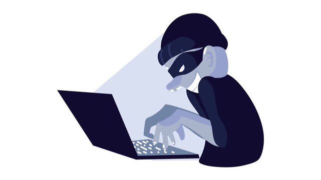 Cartoon burglar hacker animation stealing data using laptop computer with sneaky expression on white background.