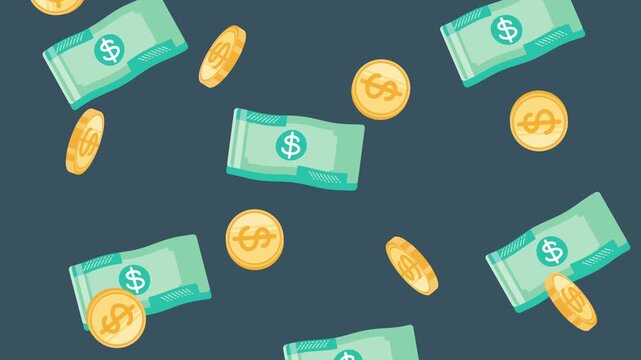 A dynamic animation of dollar bills and coins falling from top to bottom, creating a seamless loop on a dark background.