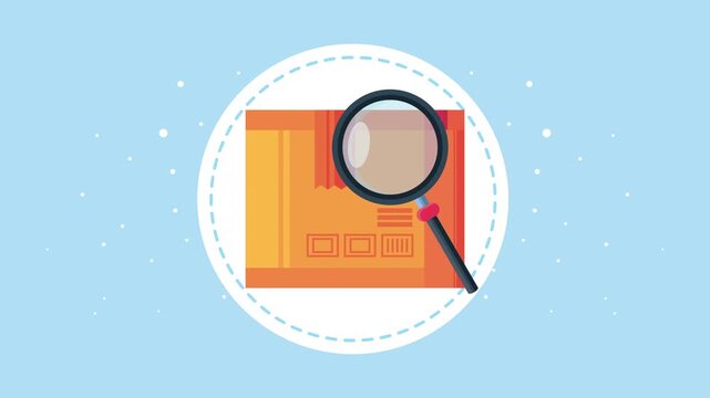 Shipping box animation with magnifying glass in circular frame, tracking package delivery for e-commerce and logistics.