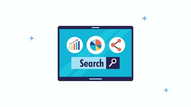 Digital marketing and data analysis concept animation on tablet screen with search bar and statistical icons.