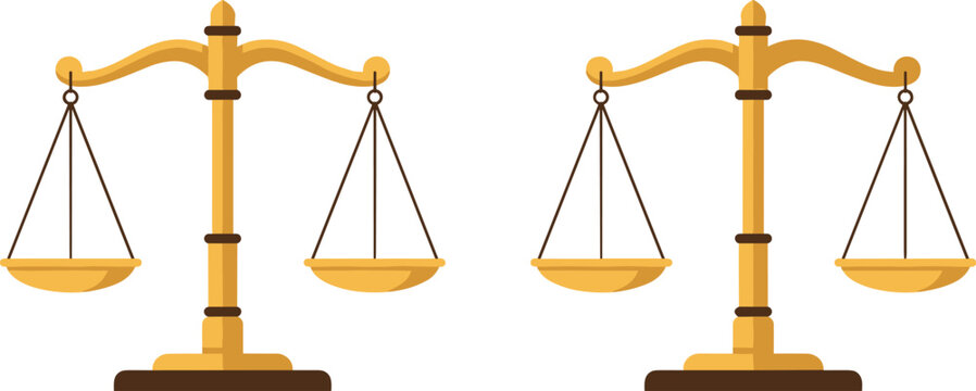 Two Golden Justice Balance Scale Symbols Balanced and Unbalanced Isolated on White Background Vector Illustration