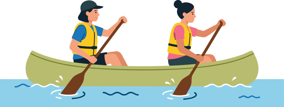 Two People Paddling Canoe Boat Together on Blue Water Wearing Life Jackets Flat Vector Illustration