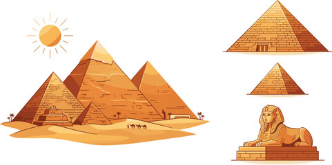 Egyptian Pyramids and Sphinx Ancient Landmark Vector Illustration Set for Travel and History Design © MD