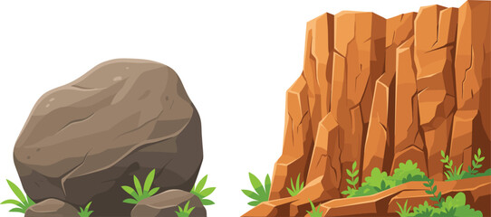 Dark Boulder and Orange Canyon Cliff Rock Formation with Green Plants Vector Illustration for Nature Design © MD