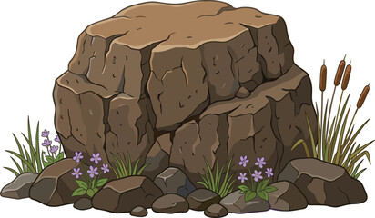 Dark Brown Rocky Boulder with Wild Grass Reeds and Purple Flowers Vector Illustration for Nature Design © MD