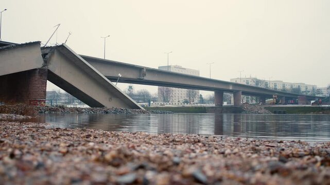 Dresden Carola bridge (Carolabr&uuml;cke) collapsed. Broken infrastructure building above Elbe river. Reinforced concrete structure failed. Political Embarrassment.