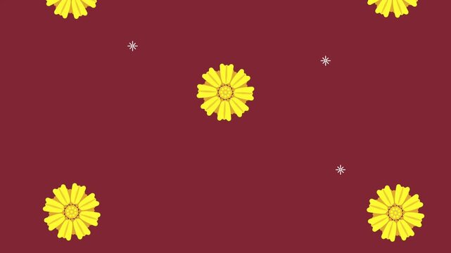 Dynamic motion of yellow flower patterns blooming and spinning on maroon background with white starbursts.