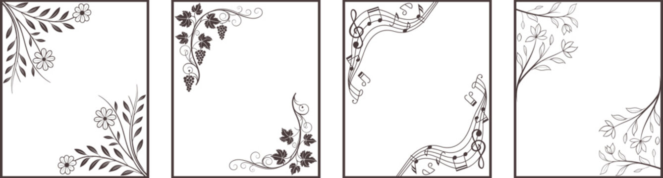 Elegant square frame set with floral corners and musical note borders in fine line vector style. Decorative outlines isolated on light background for versatile use. Ideal for invitations, posters, bra