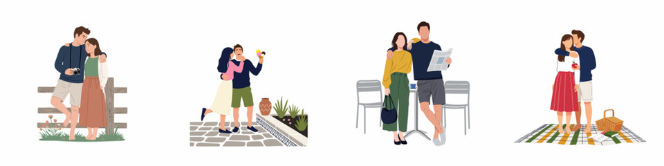 Obraz premium A collection of romantic couple illustrations enjoying various outdoor activities like travel, picnics, and dates in a minimalist flat style.