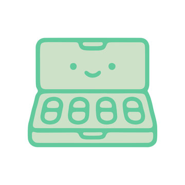Cartoon pill organizer with smiling face and green color design
