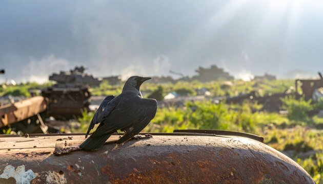 Lone bird on rusted wreckage