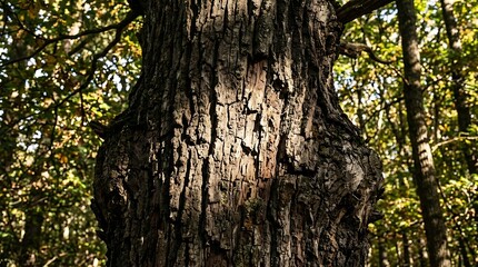 Obraz premium Close up of an old oak tree trunk with rough bark texture in a forest.