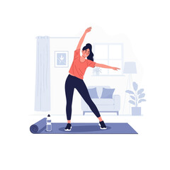 Fototapeta premium Woman Performing Stretching Exercises on Yoga Mat at Home.