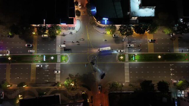 Night Accident Scene. Urban Bus Accident With Emergency Response. Brightly Lit City Scene Involving Bus Mishap. Nighttime Urban Intersection Featuring Bus Crash And Rescue Efforts Underway
