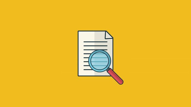 Document search animation with magnifying glass icon over paper sheet on yellow background.