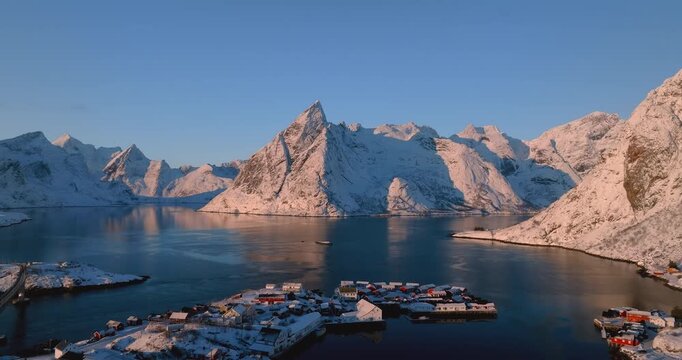 Aerial view of the city of Reine in Lofoten
