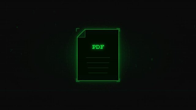 Glitch PDF Document Animation with Neon Digital Effect and Abstract Data Processing Interface
