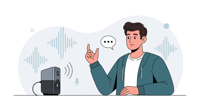 Man using voice assistant with smart speaker, voice command technology