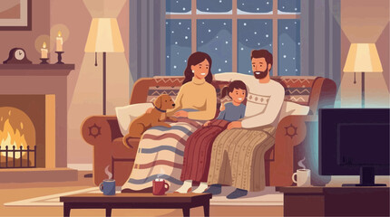 Fototapeta premium Family Winter Movie Night Illustration