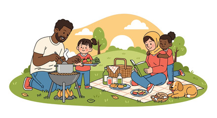 Fototapeta premium A diverse family having a fun picnic and outdoor barbecue in the park.