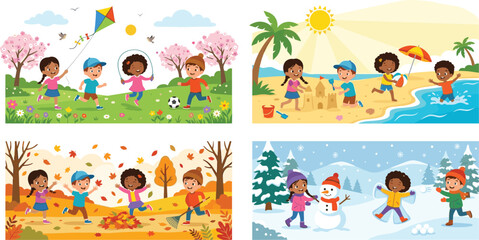 Collection of horizontal banners featuring diverse children playing outdoors in spring meadows summer beaches autumn leaves and winter snow landscapes.