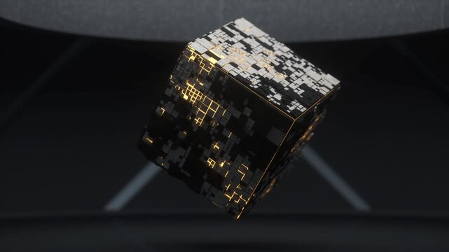 Abstract futuristic animation of rotating cube with glowing details against dark background, dynamic motion graphic footage.