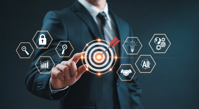 Manager touching central target icon surrounded by hexagonal icons showing business management goals growth development strategy planning and professional vision concepts.