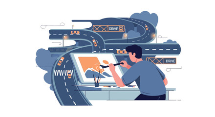 Naklejka premium Artist drawing digital art of a highway with cars, concept of creativity and inspiration