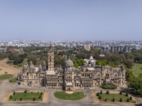 Vadodara, India - 14 March 2026: Aerial view of Laxmi Vilas Palace with its intricate Indo-Saracenic architecture, domes, and tall tower under a clear sky in Vadodara, Gujarat, India.
