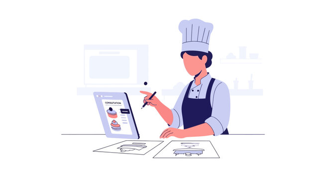 Chef using tablet for recipes and menu planning in a modern kitchen