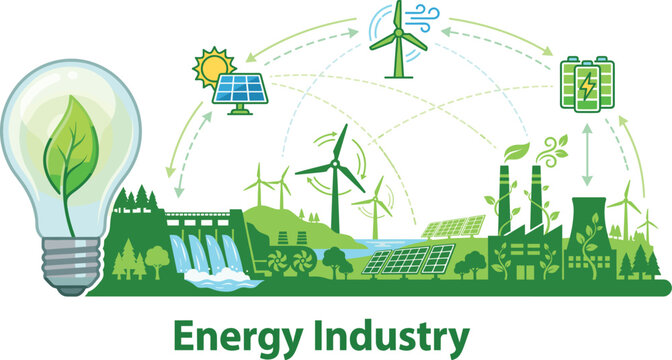 Sustainable Energy Industry Illustration Featuring Renewable Solar Wind Hydro Power and Green Battery Storage Technology