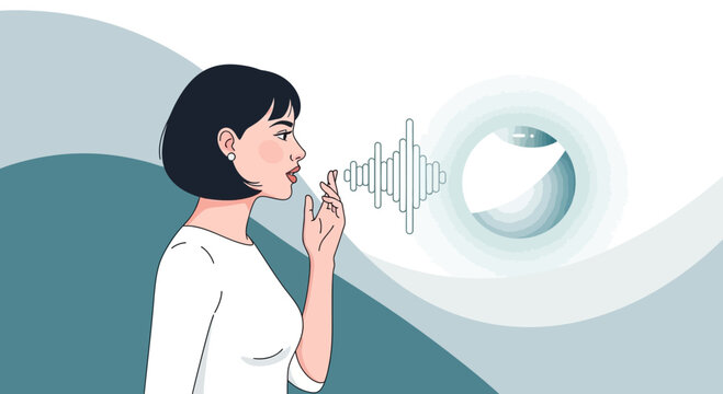 Woman speaking to AI assistant, voice command wave, digital communication