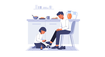 Fototapeta premium Father and child in kitchen, child polishing father's shoe