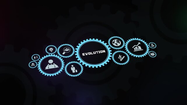 Corporate evolution and long-term business growth concept with chronological gear system and progress icons.