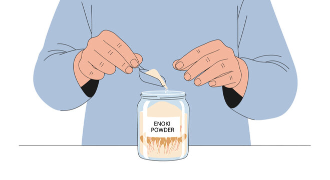 Person adding enoki mushroom powder to a jar, healthy food ingredient preparation