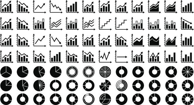 business chart icons set black and white vector illustrations