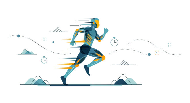 Dynamic illustration of a running man with abstract motion lines.