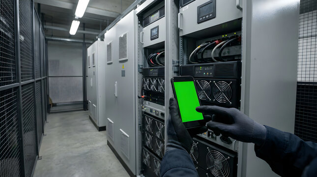 Close-up on hands holding a green screen smartphone in front of a row of server racks in a data center with server room, mobile phone