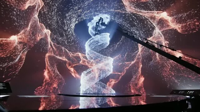 An immersive display features a swirling vortex of particle data in white and orange. A large dark arm extends into the dynamic digital projection.