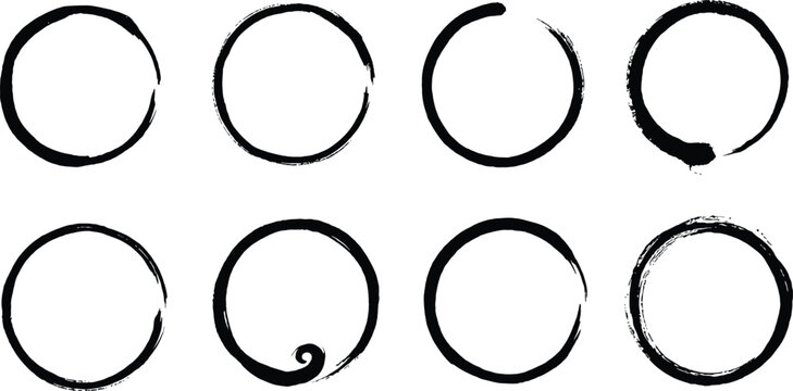 Eight hand drawn black ink circles with varying brush stroke textures and rough edges arranged in two rows of four on a white background