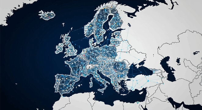 Digital map of Europe with glowing blue wireframe plexus network and data connection nodes overlaying geographic borders on a gradient blue and white background surface.