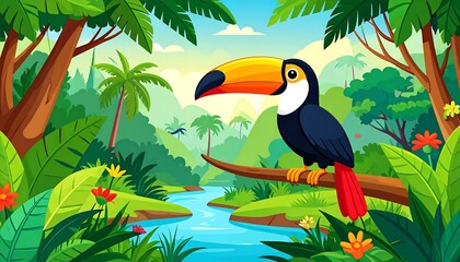 Naklejka premium Colorful Toucan Perched on Branch Jungle.