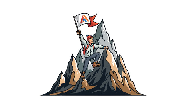 Man triumphantly plants flag with letter A on mountain peak.