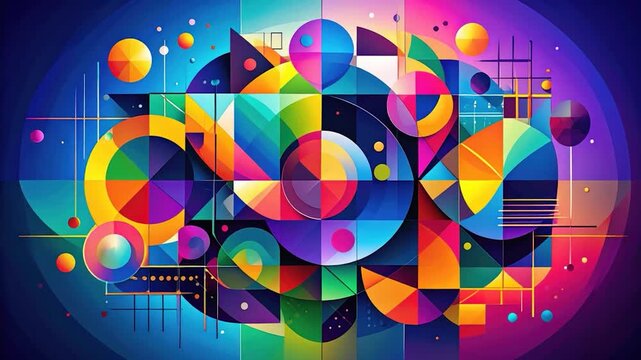 A vibrant abstract composition of overlapping geometric shapes and gradients