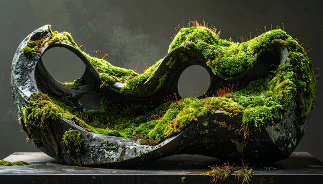 Abstract sculpture covered moss