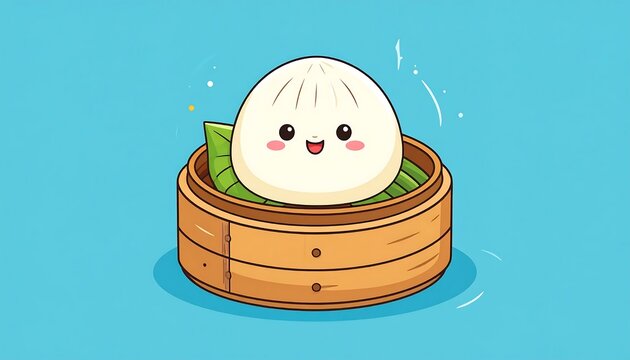 Cute cartoon dumpling in steamer basket.