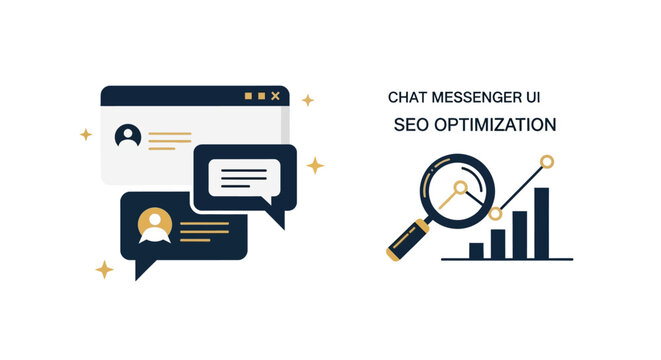 Chat messenger UI and SEO optimization graphics.