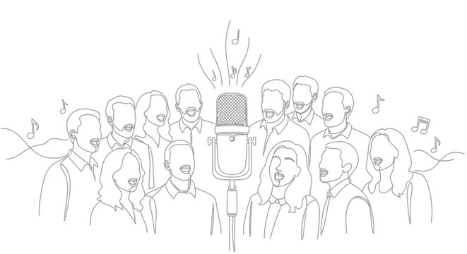 Diverse Choir Singing Harmoniously Around Vintage Microphone, Musical Notes Emitting